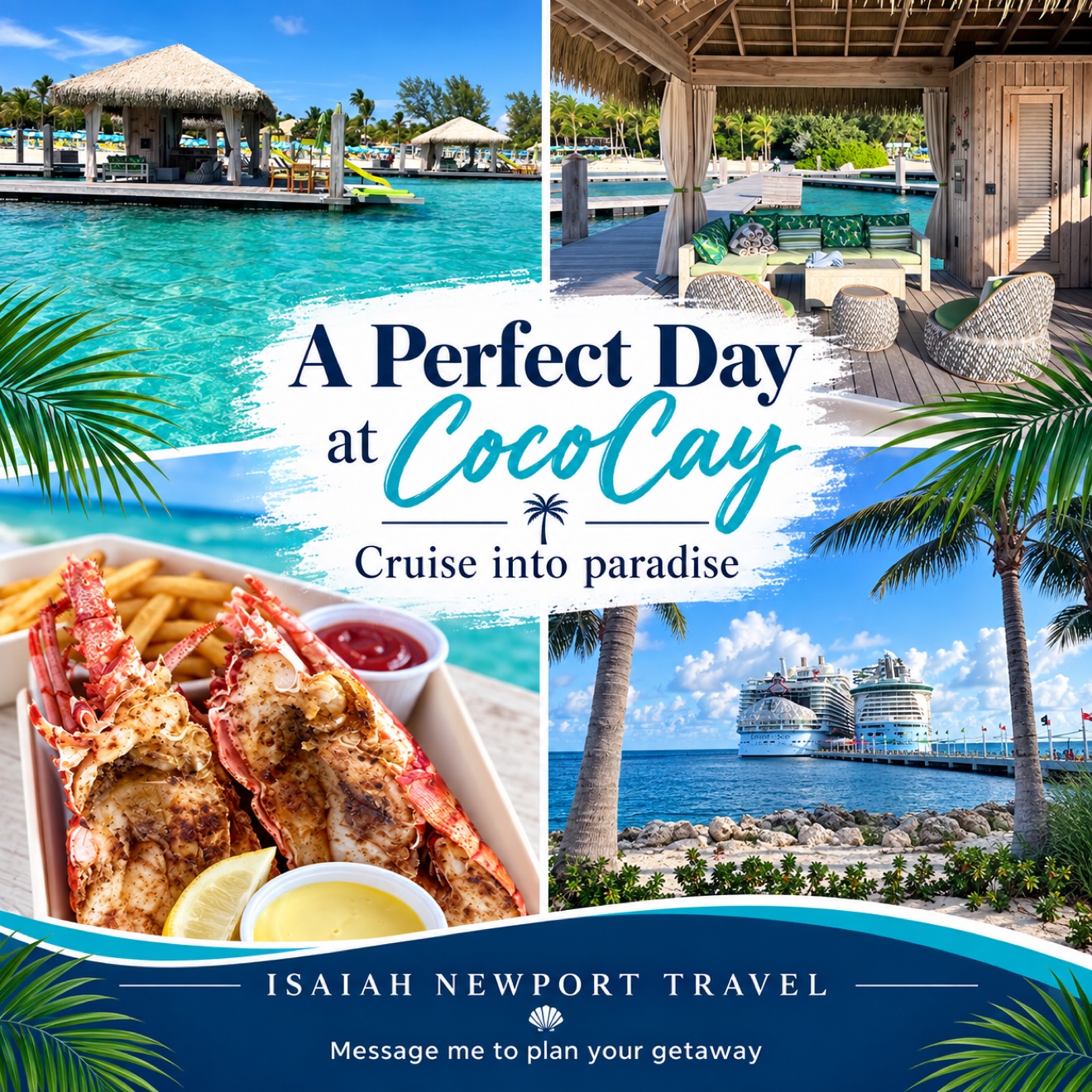 A Perfect Day at CocoCay promotional collage featuring tropical water, a private cabana, a lobster meal, and cruise ships