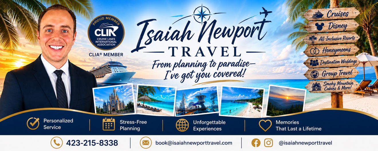 Isaiah Newport Travel banner featuring Isaiah, cruise and resort imagery, travel services, phone number, email, and social handle